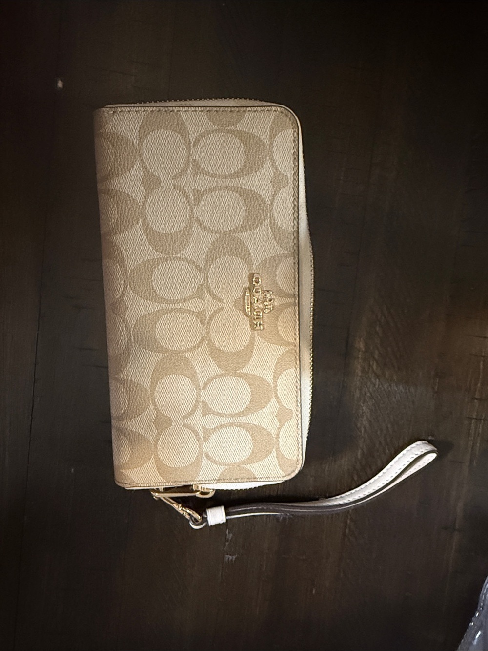 Coach Tan Signature Zip Wristlet with Gold Hardware